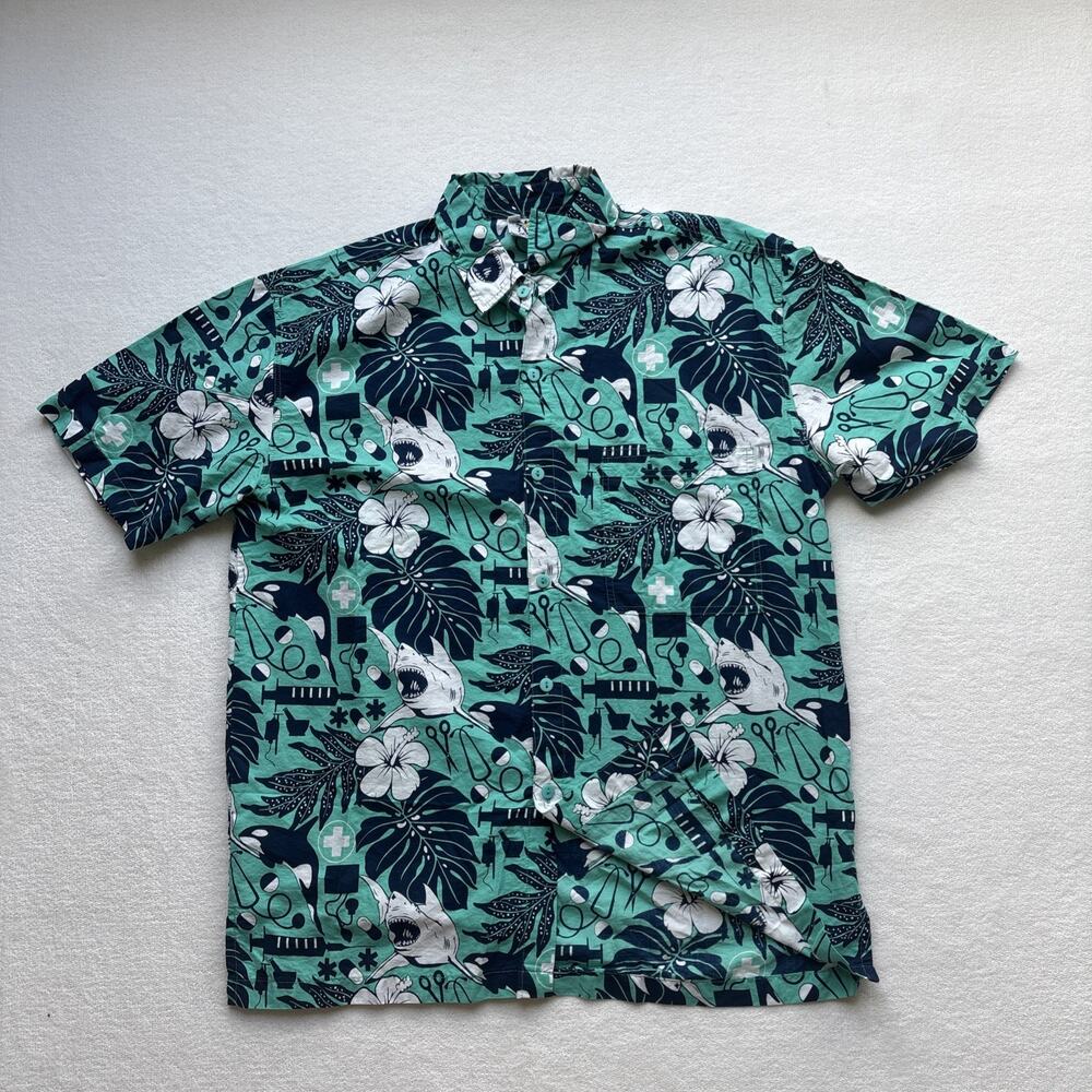 Rum Reggae Medical Shark Orca Shirt‎ Mens Medium Teal Cotton Excellent Condition